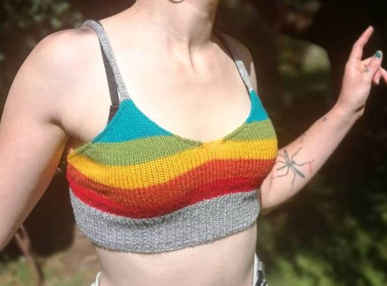 funky rainbow striped hand knitted bralette crop top 70s colourful