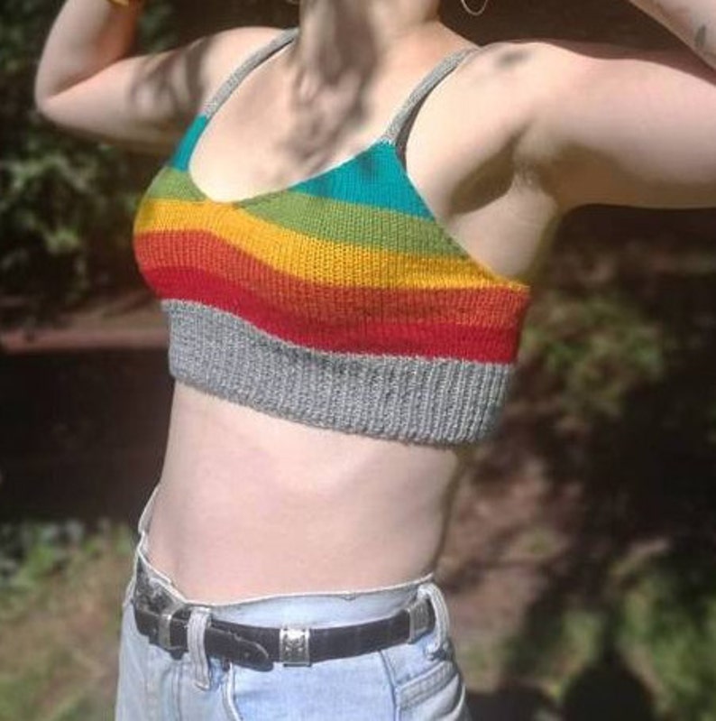 funky rainbow striped hand knitted bralette crop top 70s colourful