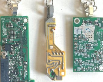 Upcycled Real Computer Circuit Pendant / Beige and Silver with Silver Chain / Technocore Cyber Punk Y2K Style