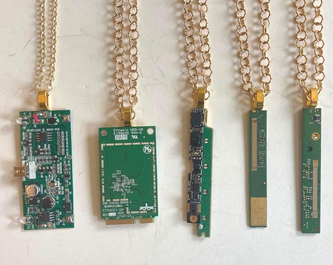Upcycled Real Circuit Board Pendant: Green & Gold Technocore Y2K Necklace