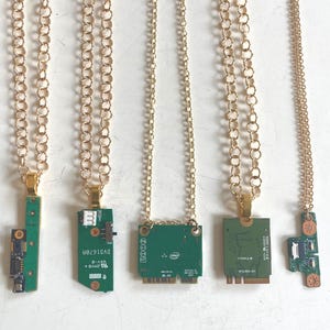 Upcycled Real Circuit Board Pendant: Green & Gold Technocore Necklace