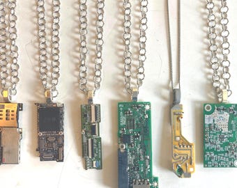 Recycled Upcycled Real Computer Circuit Pendant / With Silver Chain / Technocore Cyber Punk Y2K Style