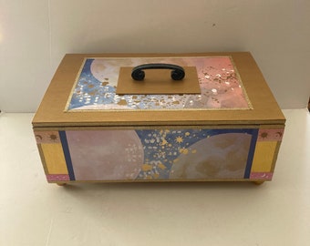 Upcycled Decoupaged Treasure Chest / Celestial Sun Moon Space Sky Design / Gold Blues Pinks / Large Tabletop Size Lidded Box with Handle