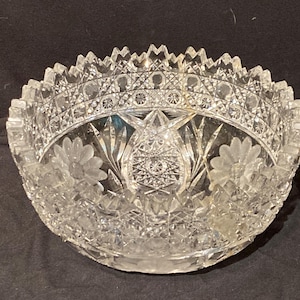 Vintage American Brilliant Cut Glass Large Bowl / Floral Pattern / Sawtooth Edge / Repaired / Ships Free!