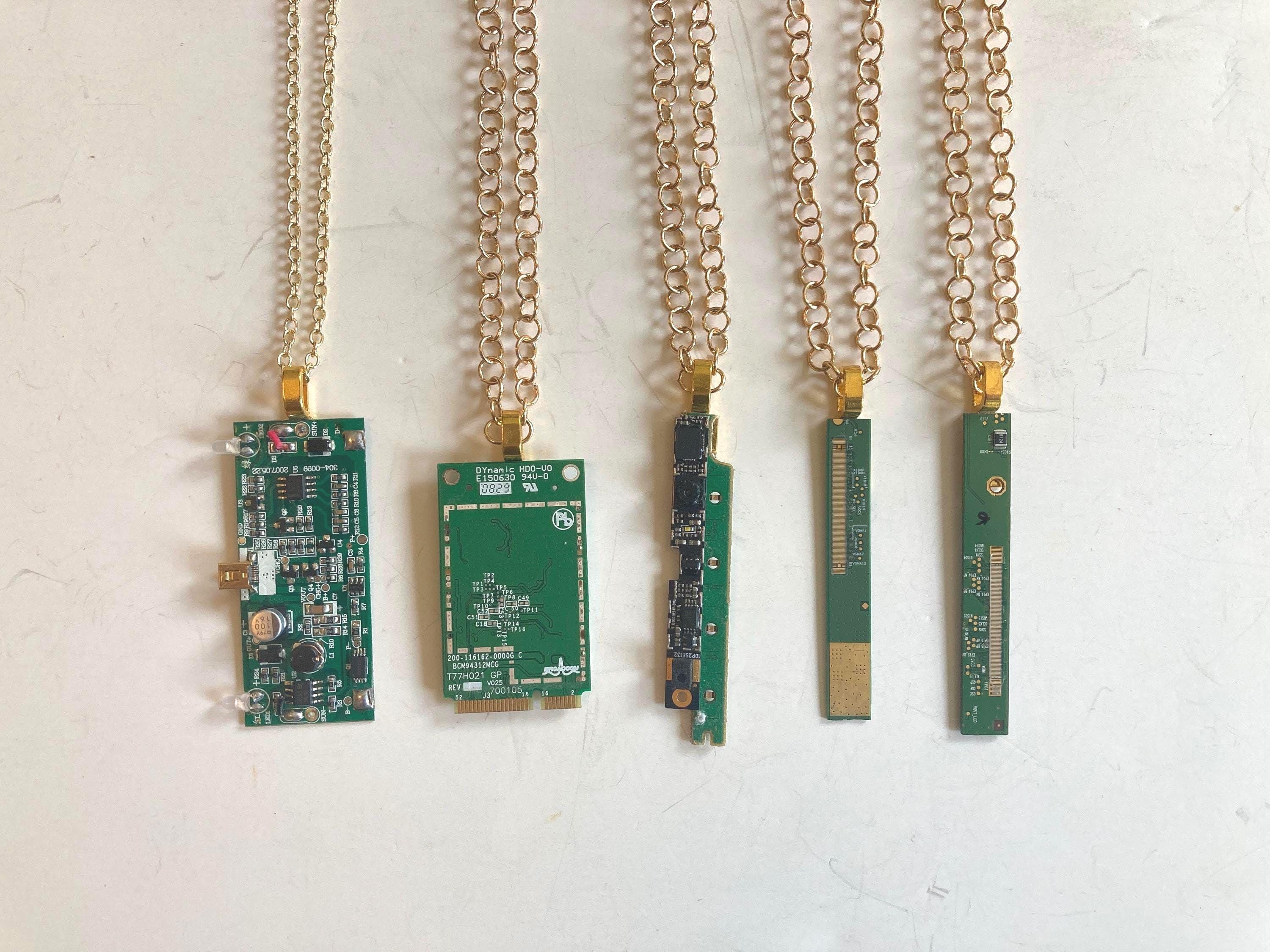 Upcycled Real Circuit Board Pendant: Green & Gold Technocore Y2K Necklace