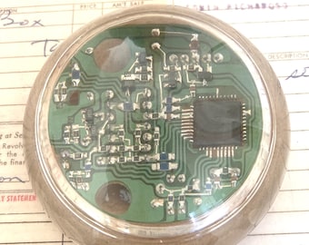 Upcycled Real Circuit Board Paperweight / From Computer Mouse / Round Glass Dome / Technocore Design