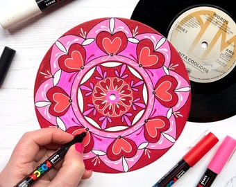 Heart Mandala Art, Upcycled Vinyl Record Art, Mandala wall hanging, Hand-drawn Mandala, Wall art for office, Wall decor bedroom 7" vinyl