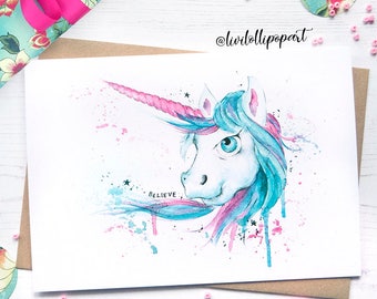 Unicorn birthday card, Kawaii unicorn, Pink Unicorn print, Blank Greeting Card, Fairytale Magical Gift, Home Decor, Unicorn watercolour