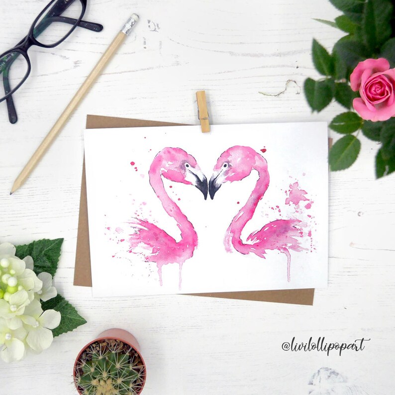 Flamingo birthday card, kissing flamingoes, pink wedding card, anniversary engagement, love is love card, flamingo gifts, flamingo decor image 2