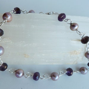 Amethyst bead, pink Fresh Water Pearl, and Sterling silver bracelet