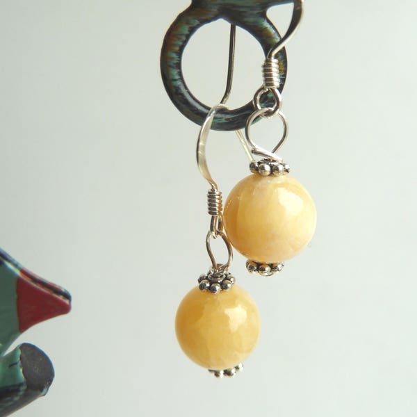 Handmade Honey Jade gemstone bead and Sterling silver earrings