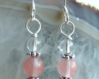 Handmade semi precious Cherry Quartz and clear Quartz gemtone bead and Sterling silver drop earrings