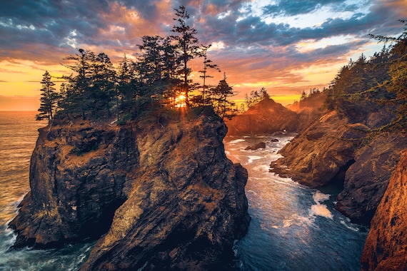 Sunset Wall Art, Oregon Coast Sunset Photo, Oregon Art, Nature Landscape Photography, Sunburst, PNW Wall Art
