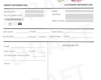 May include: A printable invoice template for a bakery or cake shop. The template features a pink and white color scheme with illustrations of a chef's hat, rolling pin, and a stand mixer. The invoice includes sections for order information, customer information, cake details, design sketch, payment method, and totals.