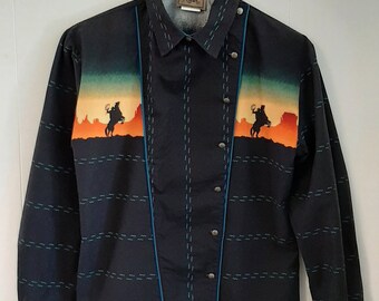 Vintage Roper Cowboy Southwest Landscape Long Sleeve Button Up Shirt