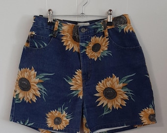 Vintage 90's Sunflower Print Denim Shorts