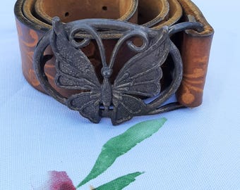 Vtg 70s 60s Hand Tooled Hippie Leather Boho Belt Butterflies Flowers Size 34 Vintage 70s Brown Tooled Leather Womens Floral Butterfly  main image 4