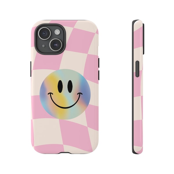 Checkered Iphone Phone Case, Smiley Face Cute Case for iphone 15, Retro Pink Tie-Dye Design, Checker Pink Groovy Phone Cover, Trendy Design