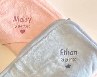 Personalised Baby Hooded Towel Pink or Blue, Luxury Embroidered Baby Towel with Name, Personalised Newborn Gift