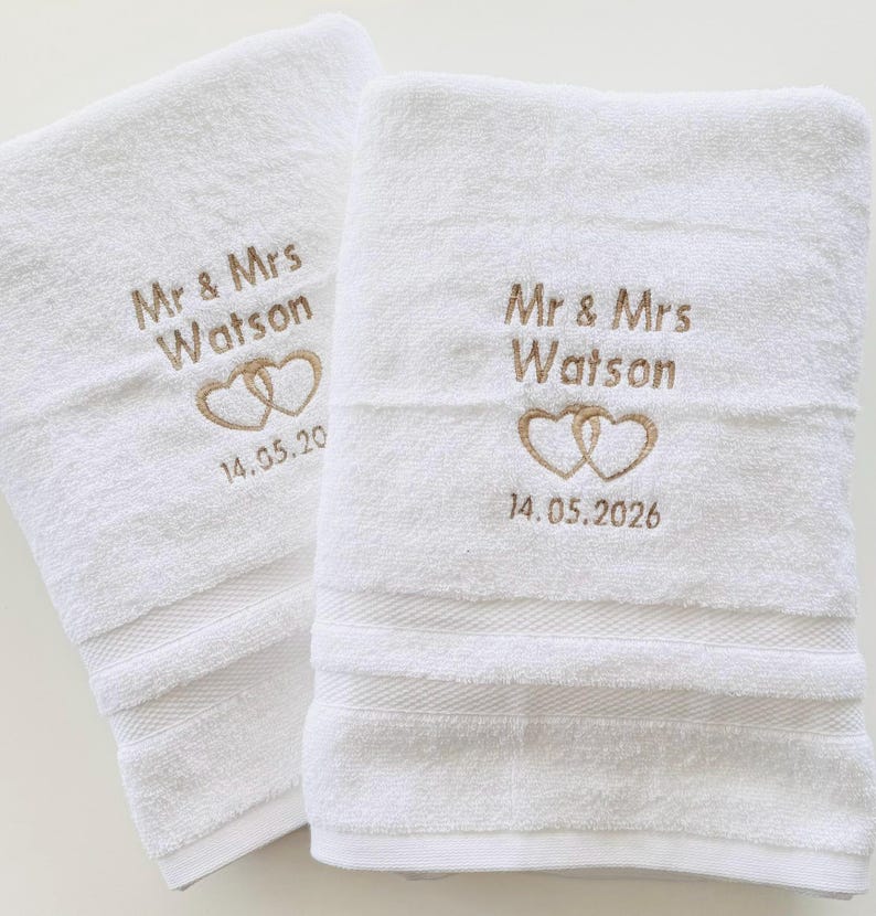 Personalised Mr and Mrs Cotton Anniversary Towels, Luxury Embroidered His and Hers Towels immagine 1