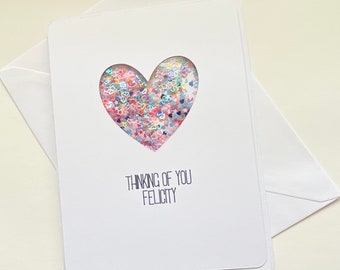 Personalised thinking of you card sequin shaker card