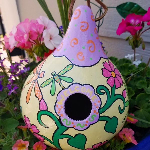 NEW! Dragonflies & flowers natural gourd birdhouse