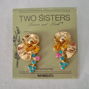 Vintage NEUE alte Lager TWO SISTERS "Whimsies" durchbohrt Goldton & Strass Statement Ohrringe