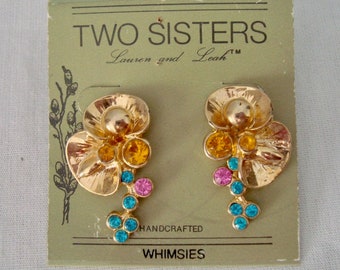 Vintage NEW Old Stock TWO SISTERS "Whimsies" Pierced Gold Tone & Rhinestone Statement Earrings