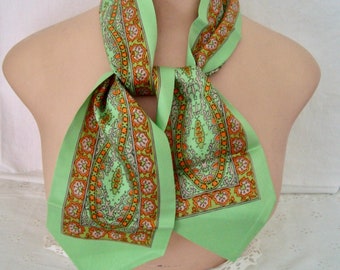 Vintage Long and Narrow 5" x 44" Lime Green, Orange & Tan Silky Ponytail or Neck Scarf