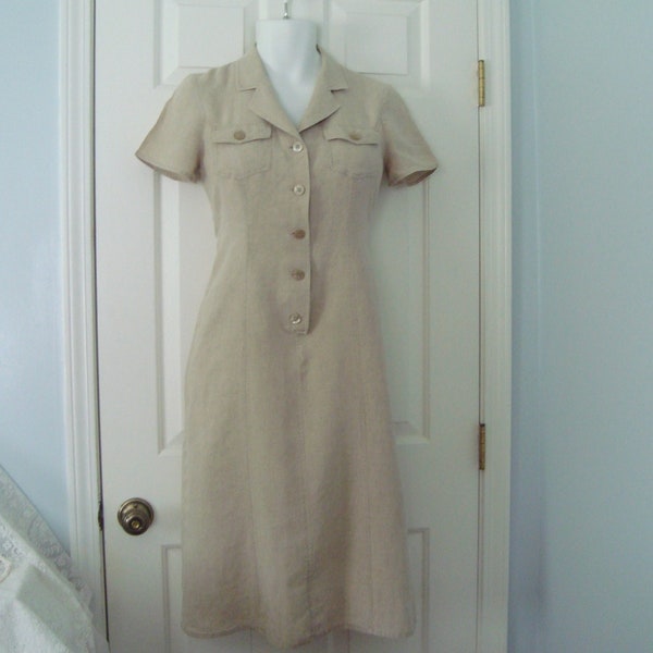 Vintage Women's PETITE SOPHISTICATE Khaki Color, 100% Linen Short Sleeve, Midi Dress Size 10P -  Like New Condition