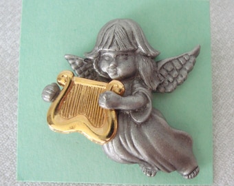 Vintage Clutch Pin - Pewter Angel w Gold Harp Signed DARIA Lapel Pin, Hat Pin, Tie Pin