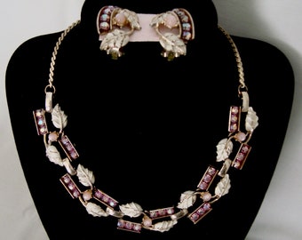 Vintage Gold Tone w Pink Aurora Borealis, Pink Moonstone and White Enamel Leaf Necklace & Earring Set