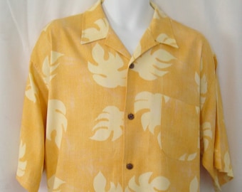 Camisa vintage de manga corta para hombre HAWAIIAN TROPIC, color dorado brillante y amarillo, talla L - Nueva, sin usar, con etiquetas.