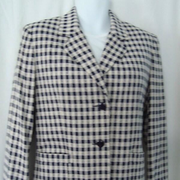 Vintage Women's RAFAELLA Dark Navy & Cream Check, Silk Blend Blazer Jacket Size 6