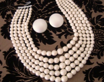 Vintage 1950's 5 Strand Faux Pearl Beaded Necklace w Clip-On Earrings