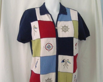 Vintage Women's ALFRED DUNNER Nautical Embroidered & Beaded Short Sleeve Sweater Knit Top Size  L - Like New Condition