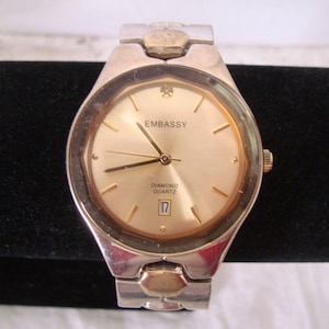 Vintage Men&#39;s Working EMBASSY Diamond Quartz Watch - 2 Tone Gold & Silver - Date Window
