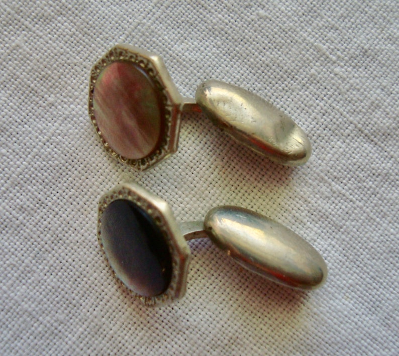 VINTAGE 1920/'s Art Deco Octagon Cufflinks Silver Tone w Pink Mother of Pearl