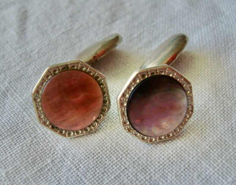 VINTAGE 1920/'s Art Deco Octagon Cufflinks Silver Tone w Pink Mother of Pearl