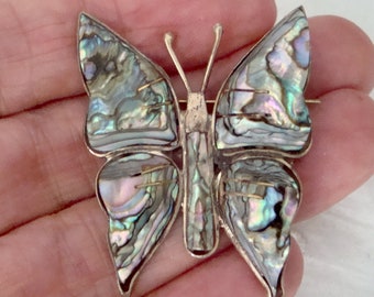 Vintage Hecho Mexico Sterling Silver & Abalone Butterfly Brooch Pin Signed SJB