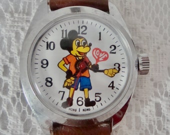 Vintage Arbeits Mechanische Wind-up LIKSON CO Mickey Mouse ""Love"" Uhr
