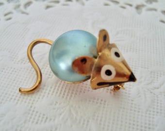 Vintage Mouse Brooch, Green Enamel With Very Long 5 Inch