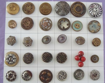 Lot of 33 Antique Vintage Metal Decorative Buttons - Some Signed - 8mm to 28mm