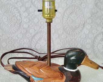 Vintage Hand Carved & Painted Mallard Duck Lamp 10.5” Cabin Core - No Shade