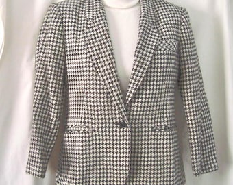 Blazer feminino vintage WRTHINGTON preto/branco com estampa pied-de-poule em lã mista, tamanho 4P - Em estado de novo