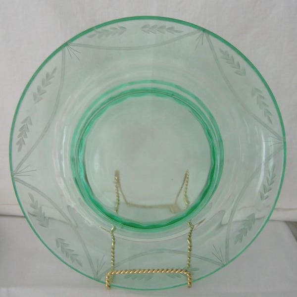 Vintage 11" Etched Green Depression Glass, Console Bowl, Rolled Edge