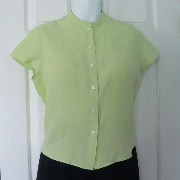 Vintage Womens TALBOTS 100% Irish Linen, Button Front, Cap Sleeve Lime Green Blouse Size M -  Like New Condition
