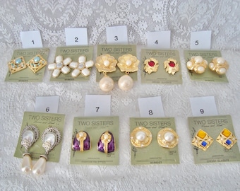 Vintage New Old Stock TWO SISTERS Clip-on Statement Earrings - Your Choice - Price is Per Set