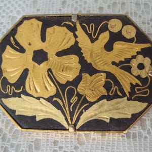 Vintage 8 Sided Flower & Bird Damascene Brooch Pin w Trombone Clasp