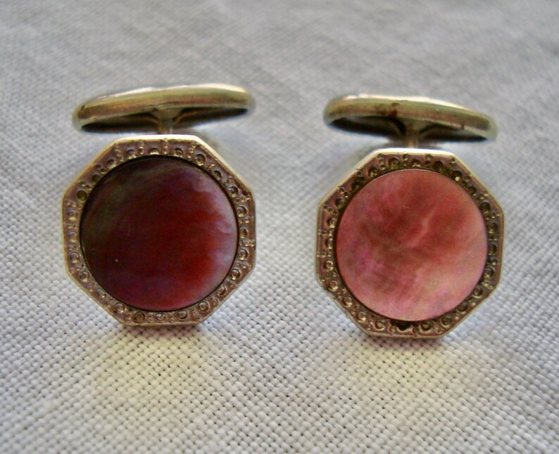VINTAGE 1920/'s Art Deco Octagon Cufflinks Silver Tone w Pink Mother of Pearl